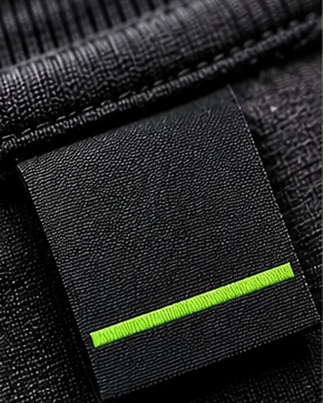 Black woven garment label with a thin green stripe on dark fabric