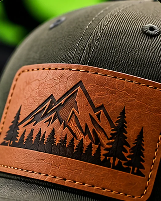 Brown leather patch engraved with mountains and pine trees on an olive trucker cap