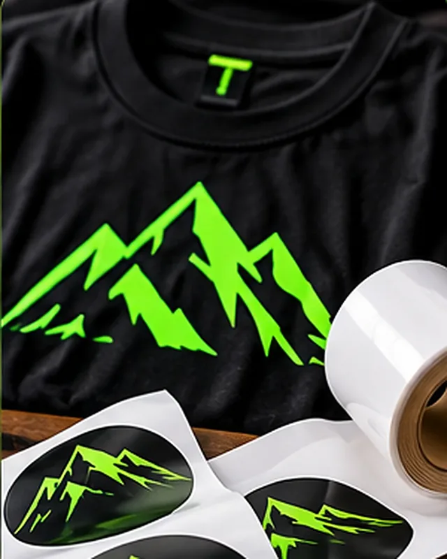 Black T-shirt with a green mountain heat transfer beside sheets of mountain stickers