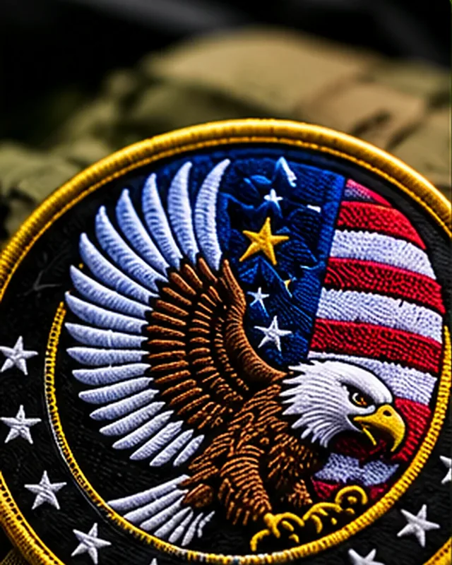 Round embroidered patch with a bald eagle and American flag inside a gold merrowed border