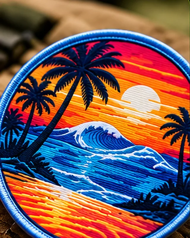 Round printed patch with a full-color sunset, palm trees and ocean wave