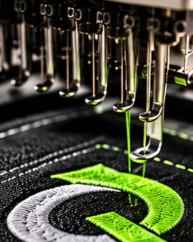 Embroidery machine needles stitching a white and green letter design onto black fabric